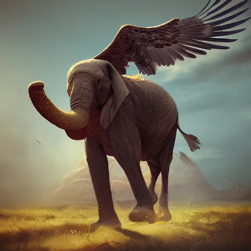 Prompt: an eagle carrying a wounded elephant, concept art, painterly, artstation