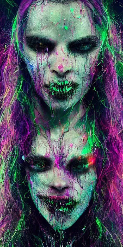 Prompt: Portrait of an impossibly beautiful vampire with large vampire fangs, single face, full body, intricate complexity, horror, psychedelic glitch art, rainbow drip paint, trending on art station, photoreal, 8k, octane render