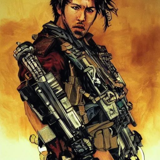 Prompt: portrait of a hero holding his weapon in front of his face by yoji shinkawa, high quality, extra details, realism, ornate, colored, golden chain, blood, white skin, short hair, brown eyes, vivid, sunlight, dynamic, american man, freedom, white american soldier, painting