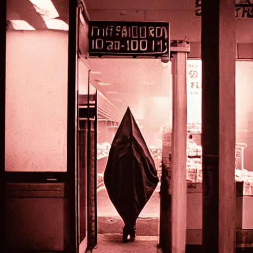 Image similar to Pyramid Head from Silent Hill working at a convenience store, cinematic, gloomy, horror, cinestill 400t film