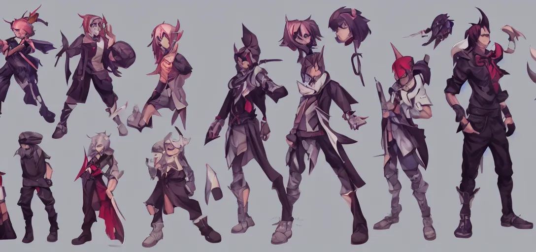 Image similar to character sheet concept art of male video game characters, disgaea, varying builds, unique silhouettes, cute casual streetwear, by marc brunet and artgerm