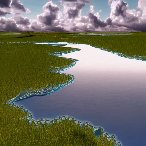 Image similar to water dripping up from a river into the blue sunny sky, desolate land, hyper detailed photorealistic
