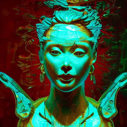 Image similar to art by camille corot, zeng fanzhi, teal chinese abstract shattered statue of beautiful female body and golden glue dripping acrylic portrait, volumetric light, highly detailed ornaments, mechanical superstructure, sacred geometry, glowing edges, sad, hurt, beautiful light, statue of carving marble, intricate 8 k render, dark mood, cinematic light, golden spirals, clockwork