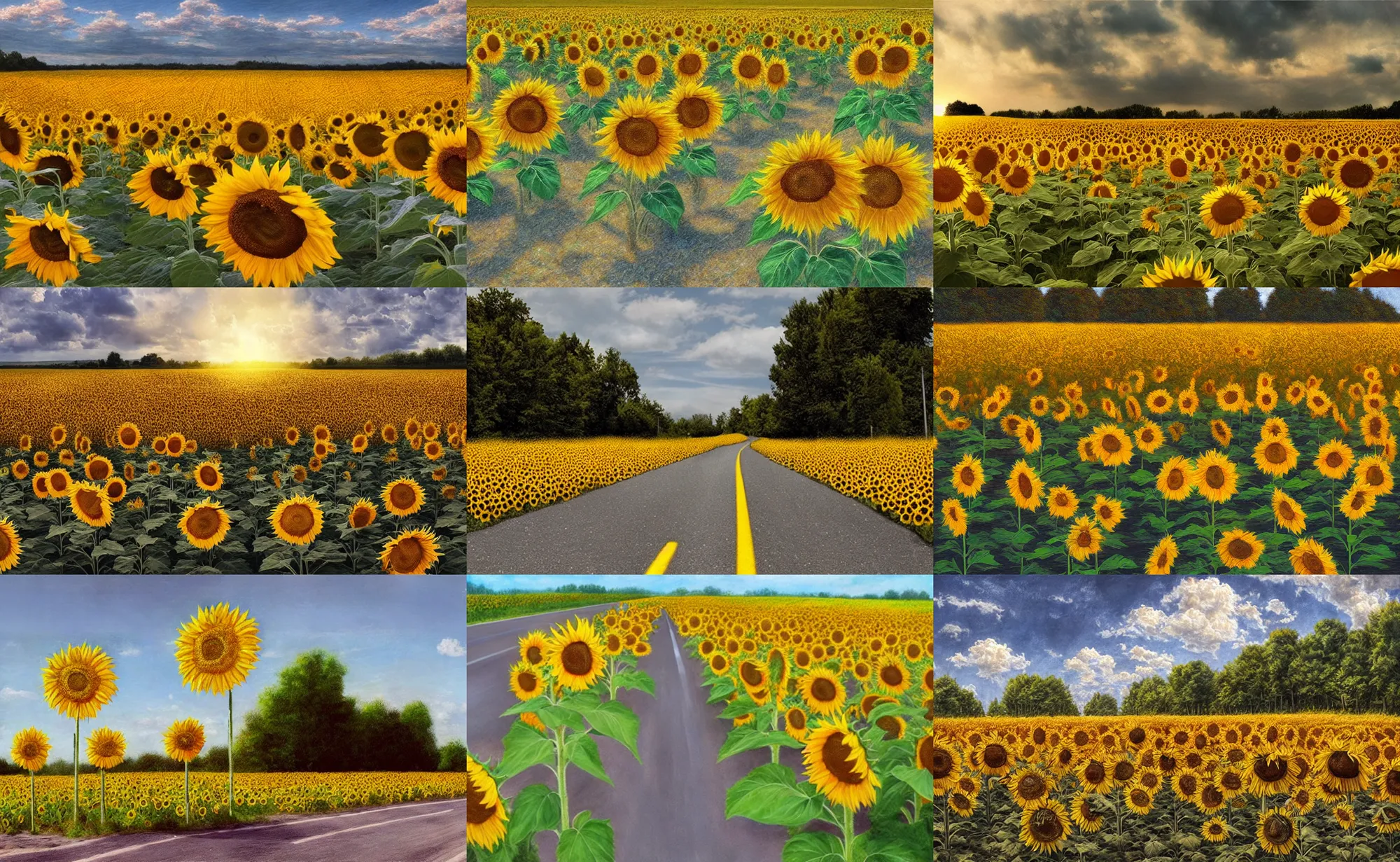 Prompt: photorealistic art of a field of sunflowers along a road, dynamic lighting, hyperrealism, stunning visuals