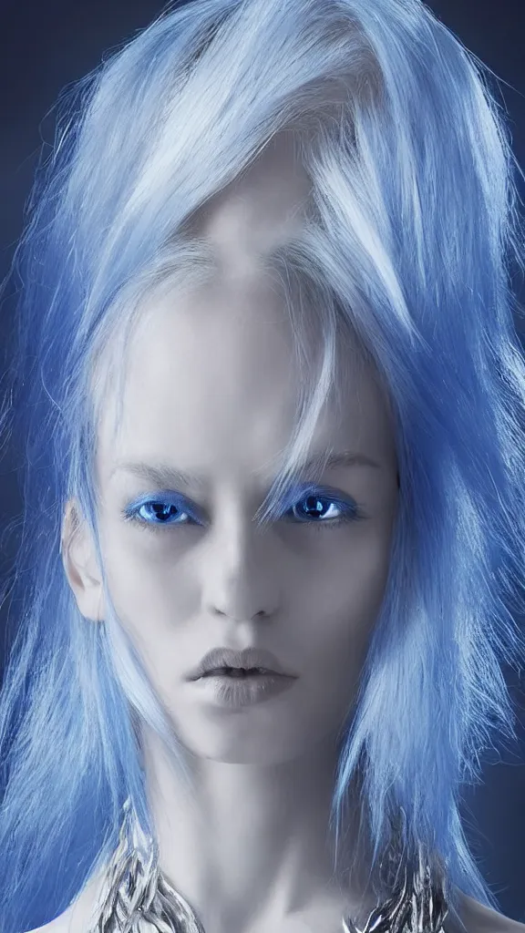 Image similar to blue alien woman, with white hair, silver jewellery, beautiful, elegant, sci-fi, fantasy, like sakimichan