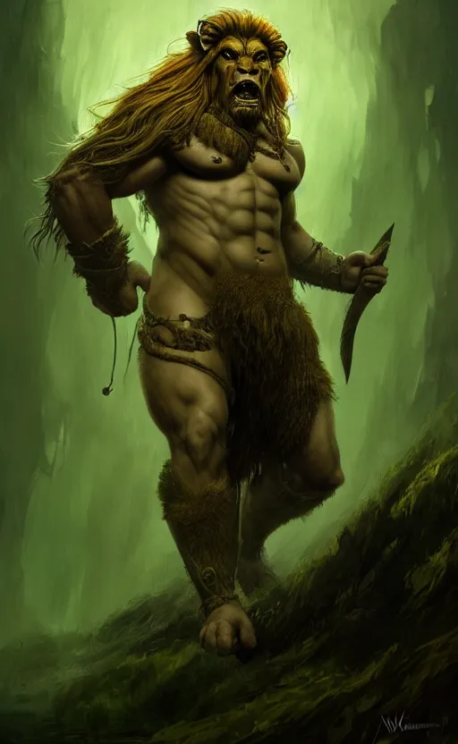 Prompt: epic professional digital art of male orc lion naiad, chartreuse ambient light, painted,, heroic, mythic, detailed, intricate, leesha hannigan, wayne haag, reyna rochin, ignacio fernandez rios, best on artstation, cgsociety, epic, stunning, gorgeous, much wow, cinematic