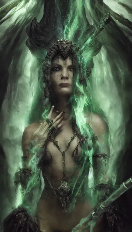 Image similar to epic masterpiece portrait of a dark sorceress with a magic wand, on the battlefield, tribe makeup and jewelry, sweaty skin, hyperrealistic, octane render, cinematic, followed by heads with many faces, beautiful face and flawless skin, perfect hands, emeralds by Edgar Maxence and Ross Tran and Michael Whelan, Legends of Runeterra