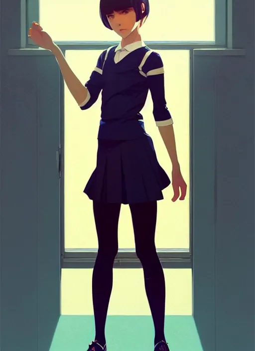 Image similar to full body beautiful and cute and aesthetic school girl greeting, very slightly smiling, wave a hand at the camera, perfect face, symmetric eyes, sharp focus, specular reflection, occlusion shadow, artstation, by ilya kuvshinov and jeremy lipking and quentin mabille, light novel cover art, 3 d epic illustrations, symmetric body