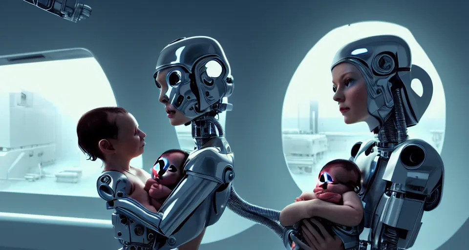 Prompt: a very realistic movie still of a cyborg woman holding a new born cyborg baby in a cyborg factory, highly detailed faces, render by beeple, syd meade, starwars, space art concept, sci - fi, digital art, unreal engine, wlop, trending on artstation, 4 k uhd image, octane render