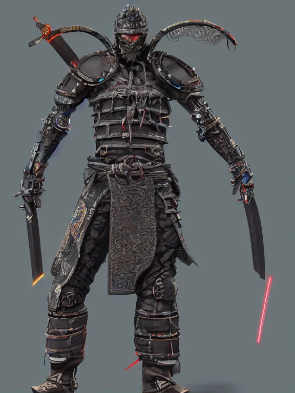 Image similar to full body front view portrait of, cyberpunk druidic ninja samurai, character design, correct anatomy, made in blender, octane render, ray tracing, ultra detailed, fantasy, intricate and highly detailed, with lots of colour, pose, sharp focus,