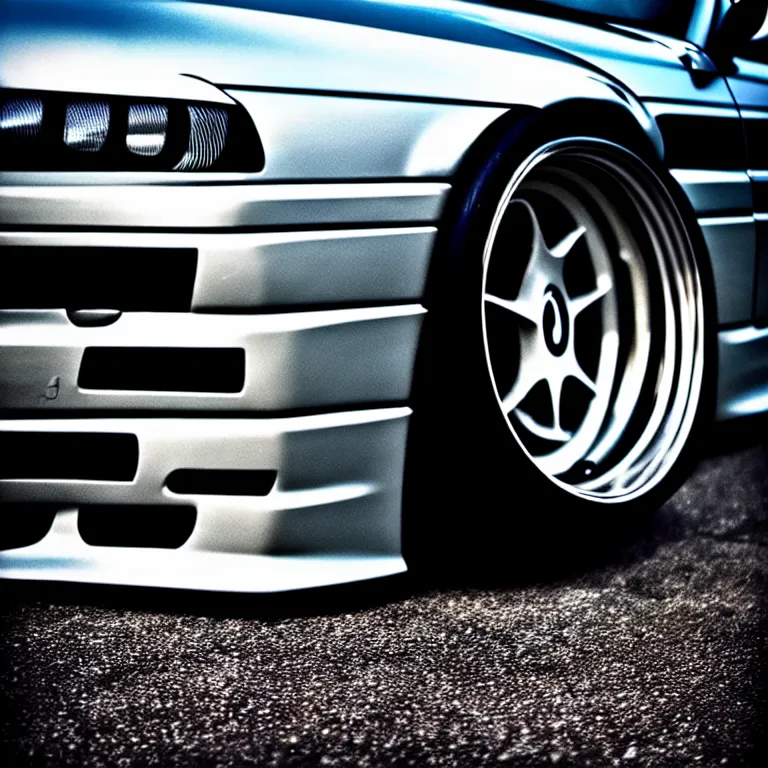 Image similar to close-up-photo BMW E36 widebody illegal JDM meet, Saitama prefecture, misty night, cinematic color, photorealistic, high detailed wheels, highly detailed bodywork,