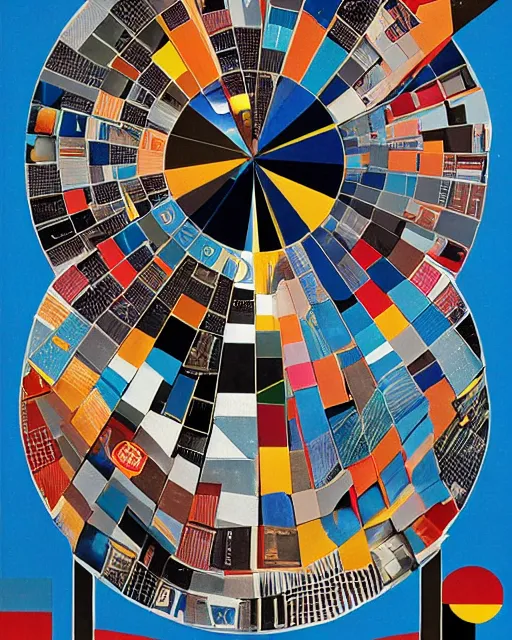 Prompt: A mid-century modern artistic collage, made of random geometric segments cut from fashion magazines, science magazines, and textbooks, of 2001: A Space Odyssey film poster. 1968