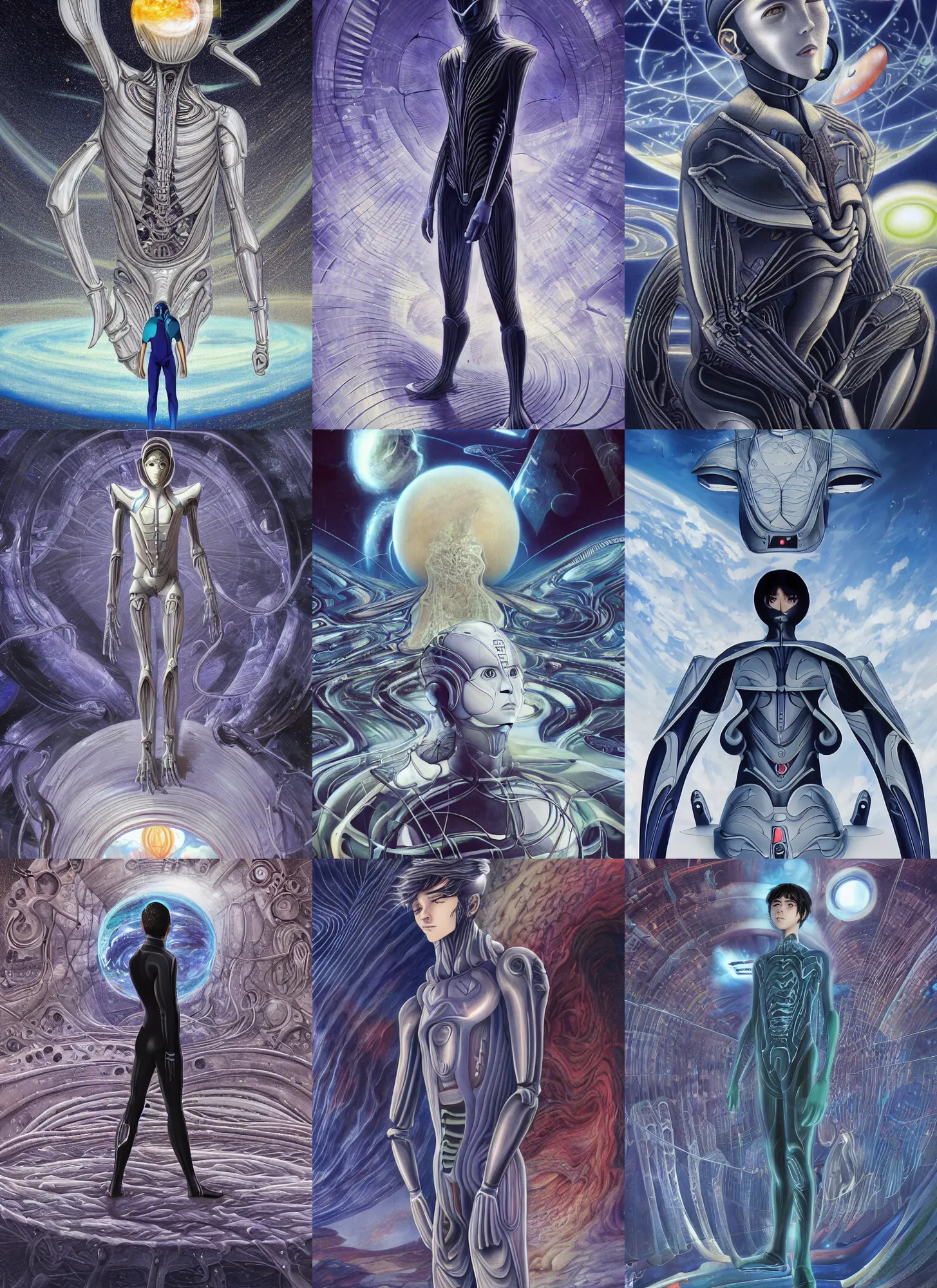 Image similar to a teen male in futuristic suit falls into a dream within a dream within a dream within a dream within a dream, h. r. giger, junji ito, alex grey, salvador dali, fractal, surreal art, semi realistic anime, studio ghibli, makoto shinkai, award winning illustration, masterpiece, trending on pixiv, 8 k