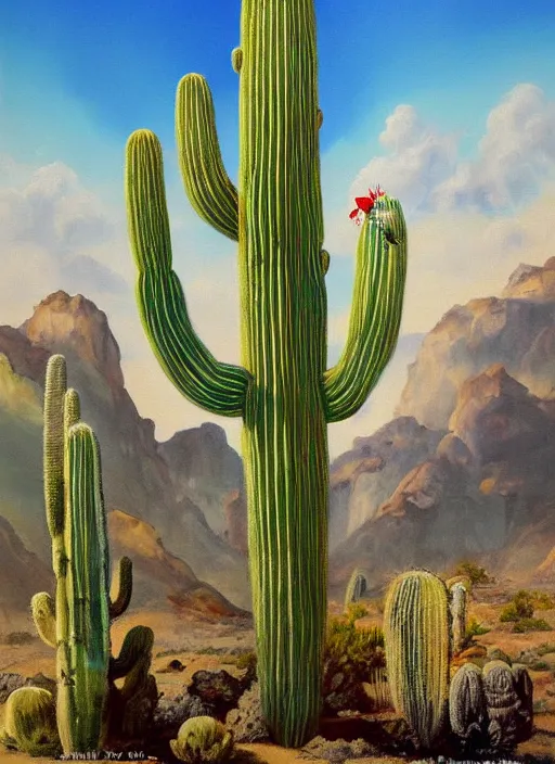 Image similar to a beautiful painting of the san pedro cactus with the face of an old indigenous man in the sky representing its spirit, fantasy art, matte painting