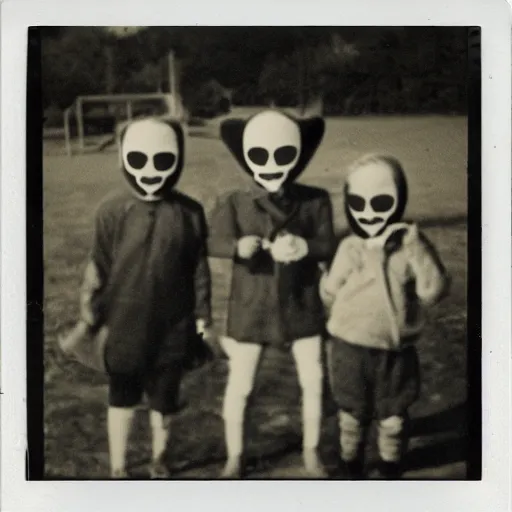 Prompt: a polaroid photograph of three small children wearing occult masks in the playground