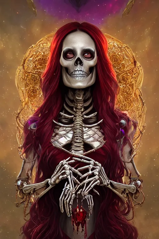 Image similar to woman lich skeleton made of iridescent aether and shiny gems covered with blood, long red hair, golden necklace, ultra realistic, concept art, intricate details, highly detailed, photorealistic, octane render, 8 k, unreal engine. dnd art by artgerm and greg rutkowski and alphonse mucha