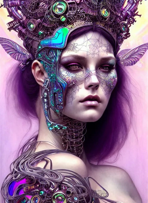 Image similar to hyperrealistic detailed portrait of a beautiful goddess in an iridescent cyber headdress, intricate cyberpunk make - up, art by android jones, nekro borja, alphonso mucha, h. r. giger, ornamental gothic - cyberpunk,