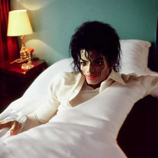 Image similar to Michael Jackson in bed. 8k. 4k. HD. UHD. Photo Portra 800.