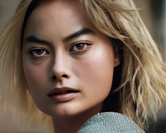 Prompt: asian margot robbie, hyper realistic face, cinematic, close - up, hyper detailed, 3 5 mm photograph, 8 k resolution, film still, sharp lens, wide lens