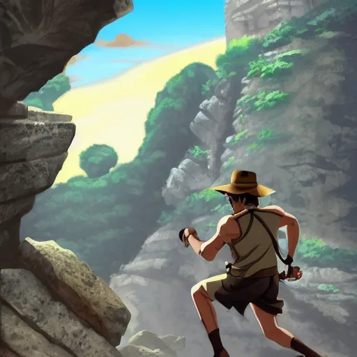 Image similar to Indiana Jones being chased by a boulder trap underground, boulder chase, inside ancient stone temple background, Indiana Jones running away from big round stone, raiders of the lost ark, detailed background, anime key visual