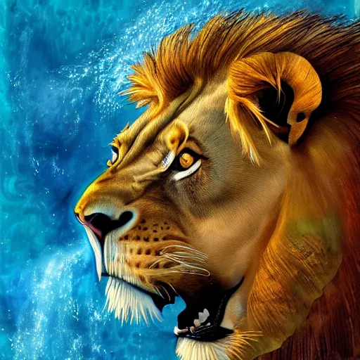 Image similar to a male lion's face breaching through a wall of water, water sprites, splashing, deep blue water color, highly detailed, realistic digital art