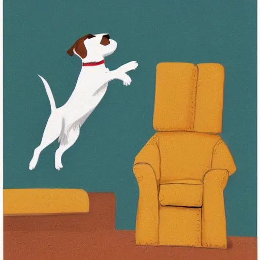 Image similar to a parson russell terrier jumping onto furniture, children's illustration