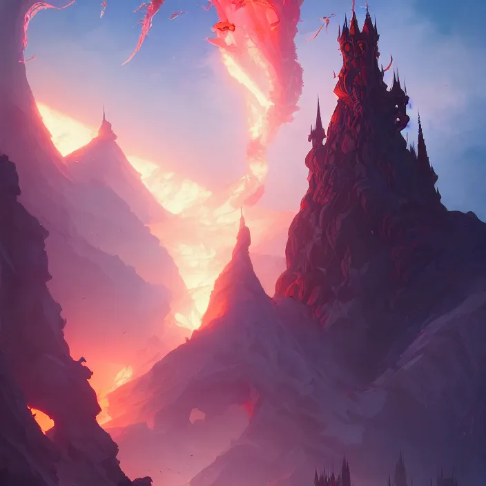 Prompt: style artgerm, joshua middleton, ellen jewett, a castle of brimstone, very long spires, fire swirling, detailed, volcano background setting, volumetric lighting