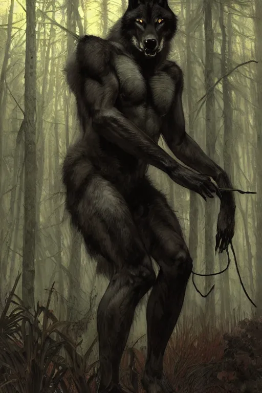 Image similar to full figure beautiful young fit antrophomorphic male wolf, bared teeth and long claws, dark scene, by greg rutkowski and alphonse mucha, d & d character, gradient black to silver, in a forest at night, highly detailed portrait, digital painting, artstation, concept art, smooth, sharp focus illustration, artstation hq