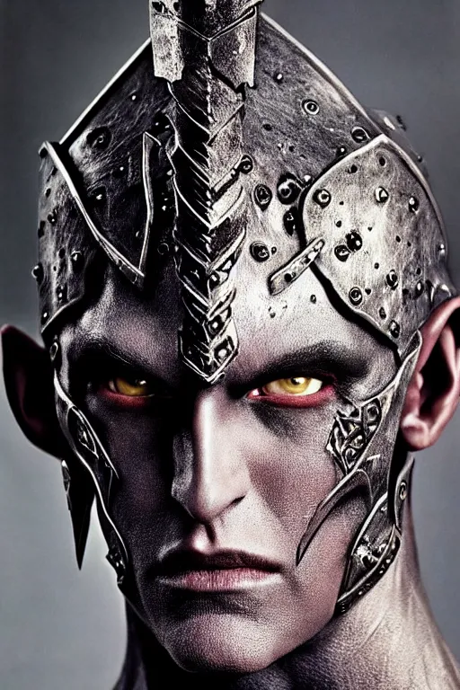 Image similar to head and shoulders portrait of an eldritch knight, drow, dark elf, shadar kai, male, breastplate, magical, high fantasy, d & d, by annie liebovitz, face details, extremely detailed, vogue fashion photo