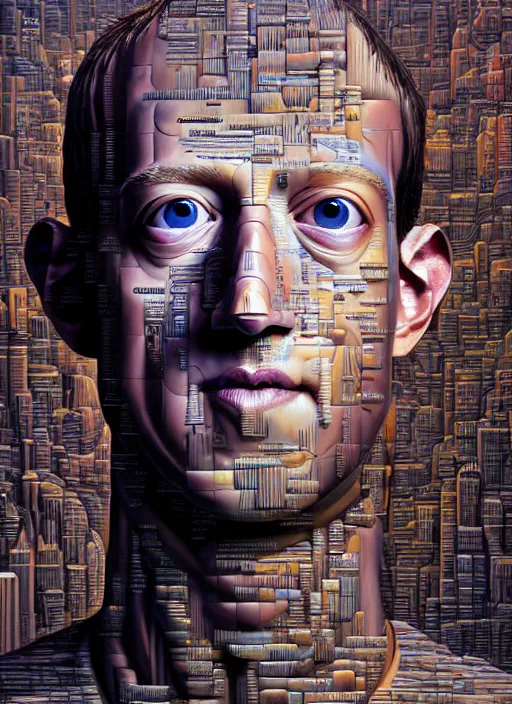 Image similar to hyper detailed 3d render like an Oil painting - Portrait of Mark Zuckerberg as a cyborg by Jacek Yerka, Mariusz Lewandowski, Houdini algorithmic generative render, Abstract brush strokes, Masterpiece, Edward Hopper and James Gilleard, Zdzislaw Beksinski, Mark Ryden, Wolfgang Lettl, hints of Yayoi Kasuma, octane render, 8k