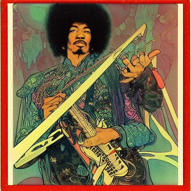 Prompt: polaroid of a vintage record cover by Franklin Booth and Edmund Dulac showing a portrait of Jimi Hendrix as a futuristic space shaman, Alphonse Mucha background, futuristic electric guitar, star map, smoke