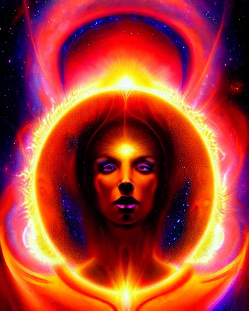 Image similar to beautiful realistic incendiary full front pose portrait of a sensual young sun goddess of the fractal stars, intricate halo of crystals, flame tips, plasma swirls, nebulas, solar flares, stardust, art by kilian eng, artgerm, greg rutkowski and h. r. giger, gothic, neo - gothic, ornamental, beautiful vivid colors