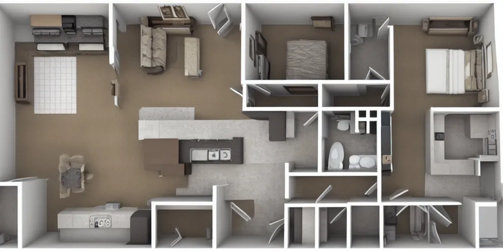Image similar to 3 d floor plan of a one bedroom apartment, top view, realistic, detailed