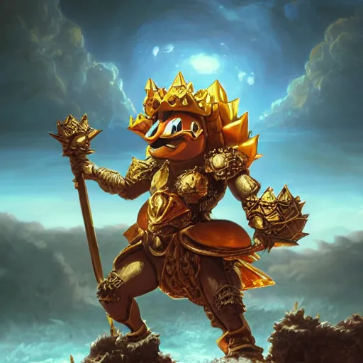 Prompt: King Koopa made of earth and molten metal with heavy knight armor in the style of anime by Peter Mohrbacher, Matte painting of mushroom kingdom in background, anime trending on artstation, HD, 4k,