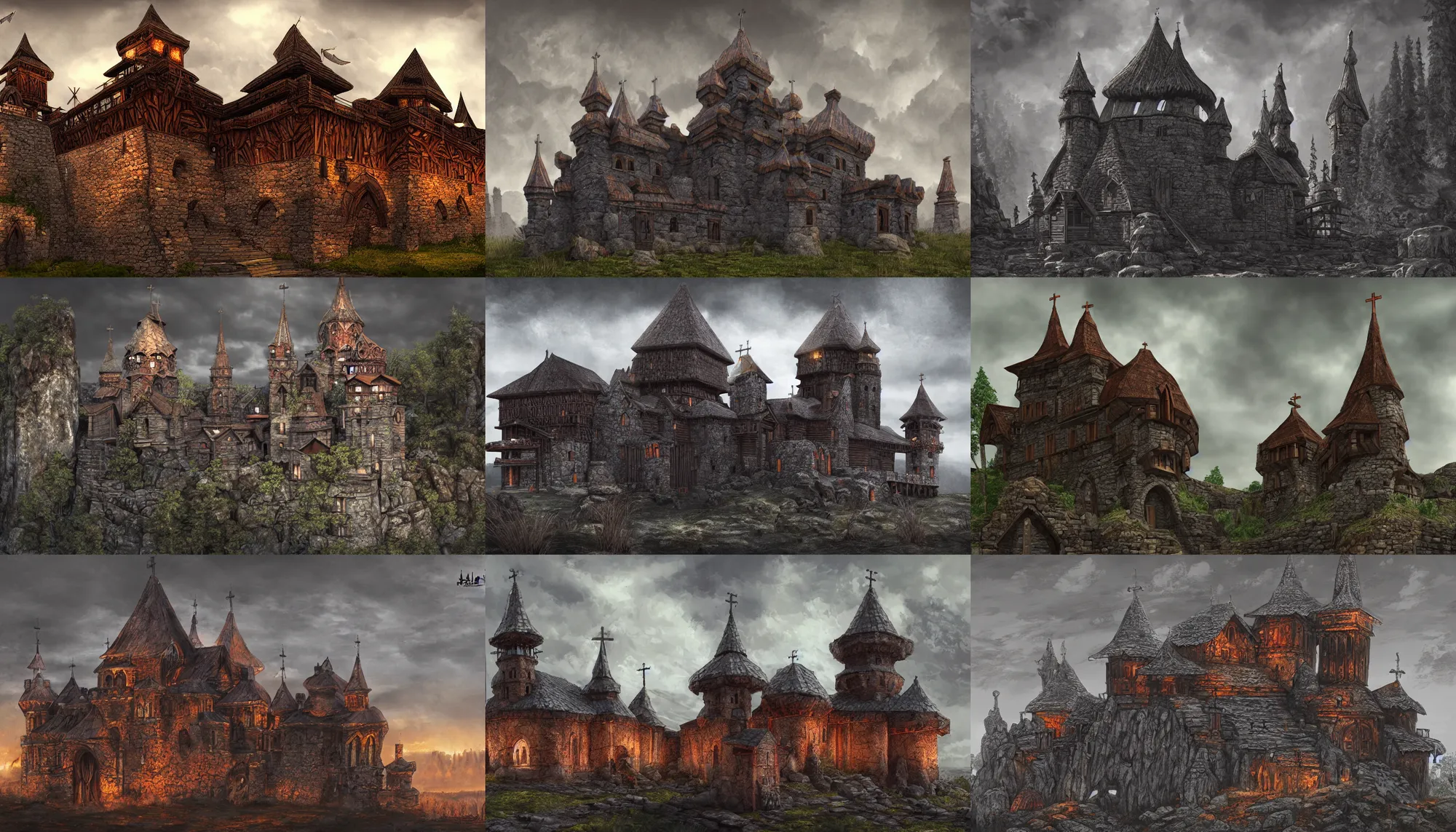 Prompt: tall ancient castle enclosed palisaded, with christian wooden churches and domes on them, log houses built in lava dungeons, slavic, russian, slovenian, tartarian architecture, contrasting, gray skies, hyper - detailed, artstation, cgsociety, 8 k