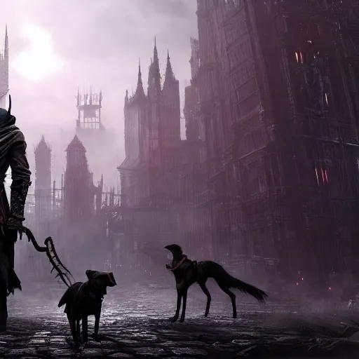 Image similar to bloodborne dog above cyberpunk planet