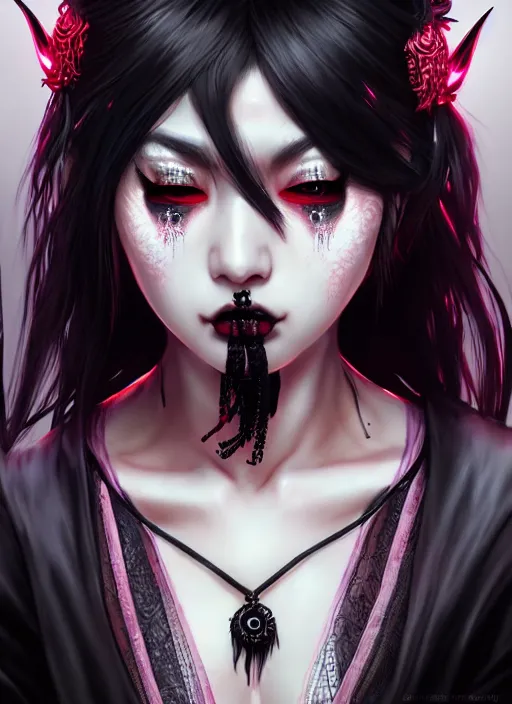 Image similar to soft lustrous ebony geisha seductive raver yakuza gothic gutter punk, highly detailed, digital painting, octane render, artstation, concept art, smooth, sharp focus, illustration, art by artgerm, loish, wlop