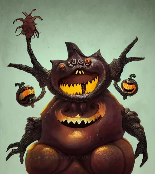 Image similar to a tim burton design of a weird king creature made of pumpkin, wearing a robe, giant and fat, laughing, sitting on a stone throne, detailed game art illustration, menacing carved facial expression, creepy lighting, dynamic pose, 4 k artstation, masterpiece