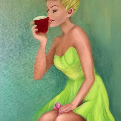 Image similar to Tinkerbell drinking coffee in short green dress with tattered hem, bare feet, hungover, detailed oil painting by Jasmine Beckett-Griffith