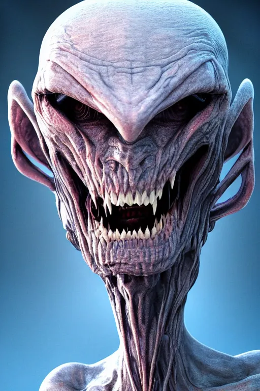 Image similar to Portrait of a Scary Alien with an evil grin, wide angle, super highly detailed, professional digital painting, artstation, concept art, smooth, sharp focus, no blur, no dof, extreme illustration, Unreal Engine 5, Photorealism, HD quality, 8k resolution, cinema 4d, 3D, beautiful, cinematic, art by artgerm and greg rutkowski and alphonse mucha and loish and WLOP