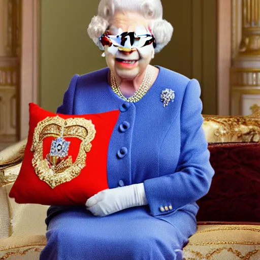 Image similar to The Queen of England holding an anime plush pillow and smiling