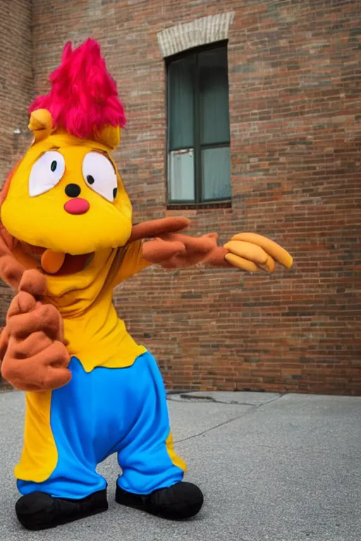 Image similar to portrait of Jacksfilms dressed in Garfield costume, cosplay photograph,