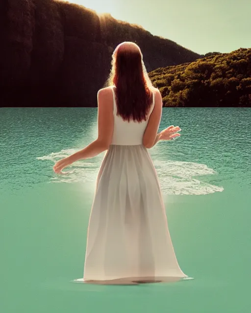 Prompt: a woman in a white dress standing in the water, an album cover by stanley twardowicz, trending on cg society, retrofuturism, retrowave, chillwave, synthwave