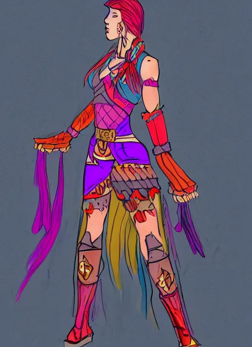 Image similar to a full body concept art, warrior princess, colorful clothing