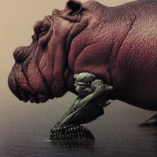 Prompt: a side view of hippopotamus, highly detailed, art by ayami kojima, beksinski, giger