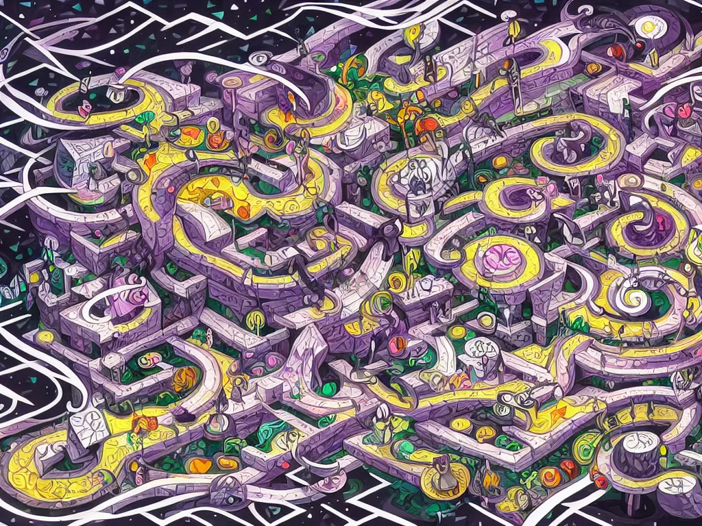 Prompt: a collision of exploding black hearts and white hearts in abstract form of an endlessly long and winding path through an isometric fantasy village, vivid vibrant geometric art nouveau. trending on pixiv and artstation. an absurdly detailed oil painting