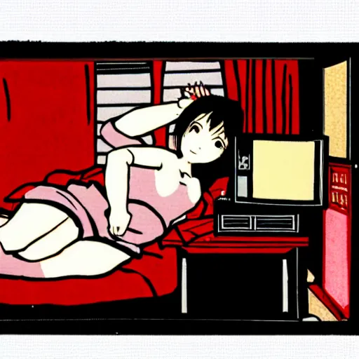 Image similar to anime girl sitting on a bed in a dark room, dimly lit by a CRT television, in the style of Yoshitoshi Abe