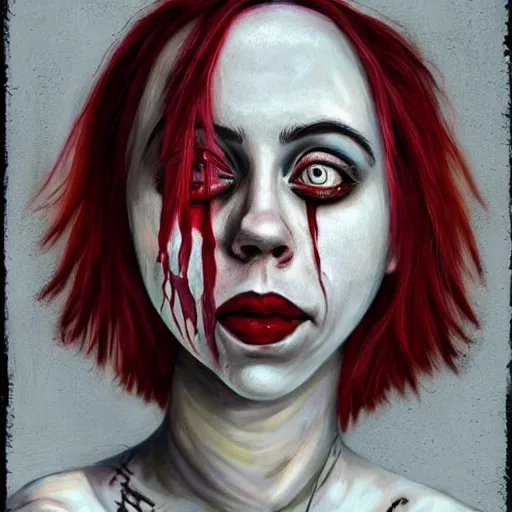 Image similar to grunge painting of billie eilish with her face split in half with a wide smile and a red balloon by chris leib, loony toons style, pennywise style, corpse bride style, horror theme, detailed, elegant, intricate