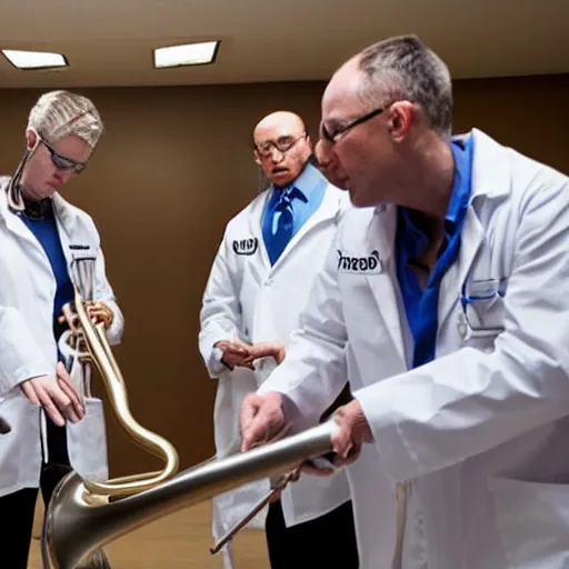 Prompt: doctors playing medical saxophones during an emergency