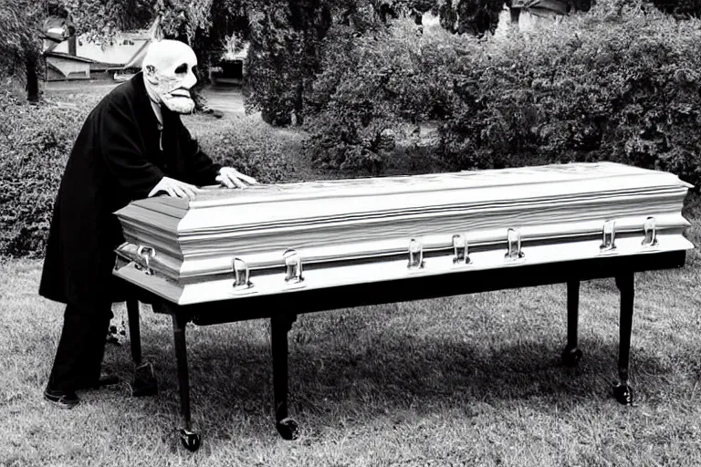 Prompt: a creepy old man playing a piano in the shape of a casket, with other caskets piled up in the back